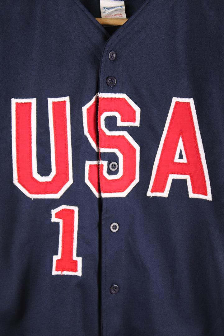 Vintage USA National Baseball Team jersey, blue, red and white team colourway, button up, Medley number 1 on the back and spell out embroidered on the front. 