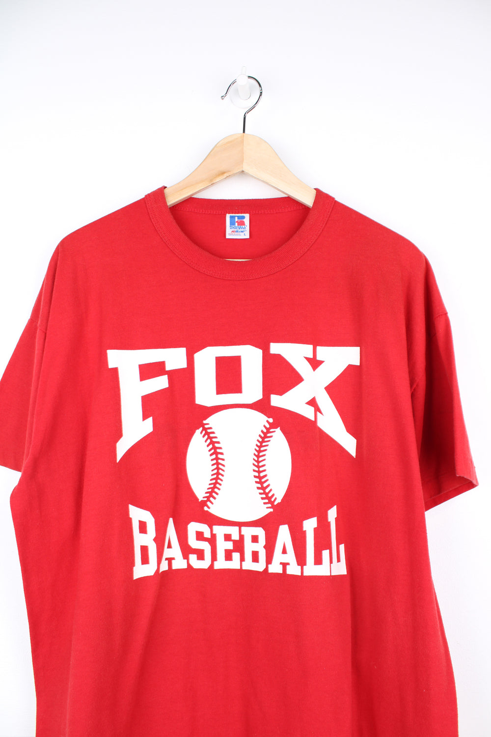 Vintage 90's Fox Baseball red t-shirt. Made by Russell Athletic and features single stitch sleeves. good condition Size in Label:  Mens L