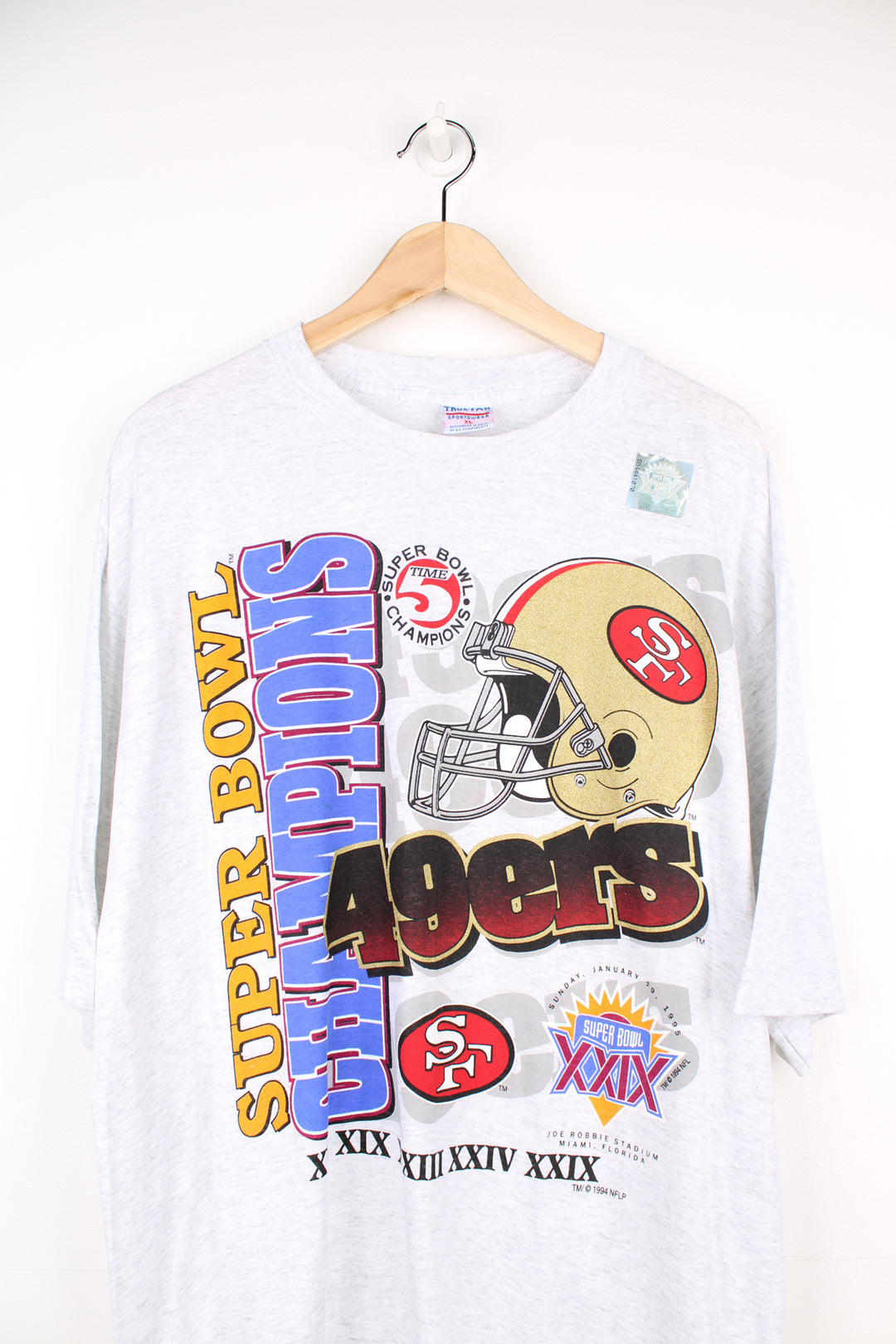 Vintage 1994 49ers grey single stitch t-shirt made by True-Fan. Features Super Bowl XXIX printed graphic on the front and holographic sticker. good condition - two faint marks on the front (see photos) Size in Label: Mens XL