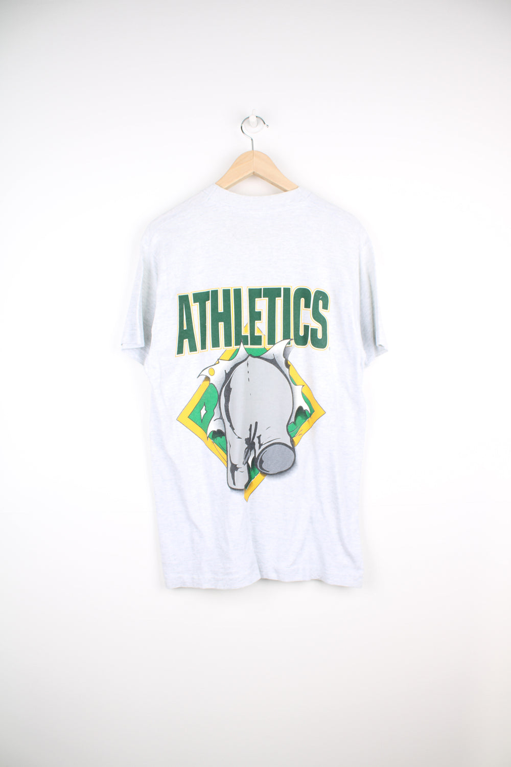 Vintage 90's Oakland Athletics As grey single stitch t-shirt. Features printed elephant graphic on the front and back. Made by Nutmeg. good condition - two faint marks on the front (see photos) Size in Label:  Mens M