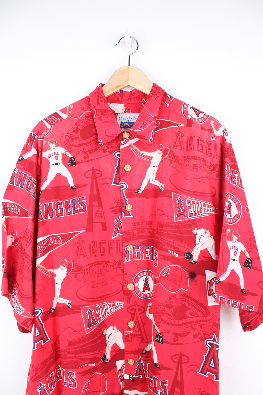 Red Los Angeles Angels MLB Hawaiian Shirt with all over print. Made by Rayn Spooner. good condition - slightly faded colour on the shoulders and pen mark on the pocket  Size in Label:  Mens XXL 