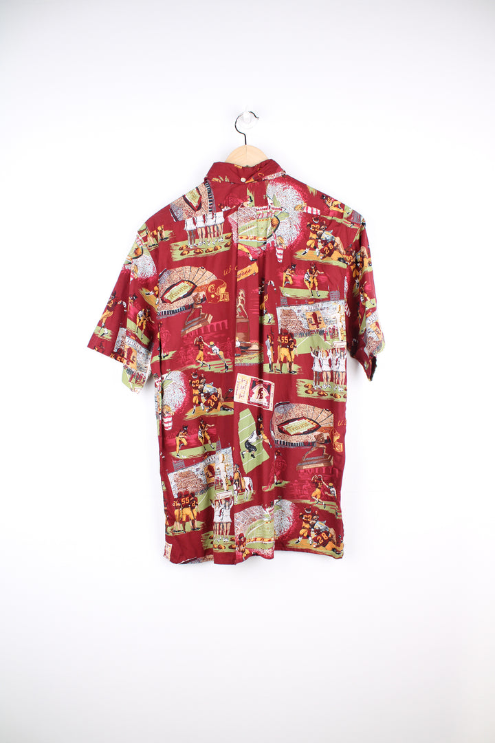 Red University of Southern California Trojans/ American football Hawaiian Shirt with all over print. Made by Reyn Spooner. good condition  Size in Label:  Mens M