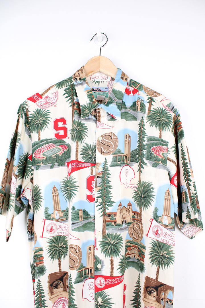 Cream Stanford Cardinal University NCAA state champions Hawaiian Shirt with all over print. Made by Reyn Spooner. good condition  Size in Label:  Mens L 