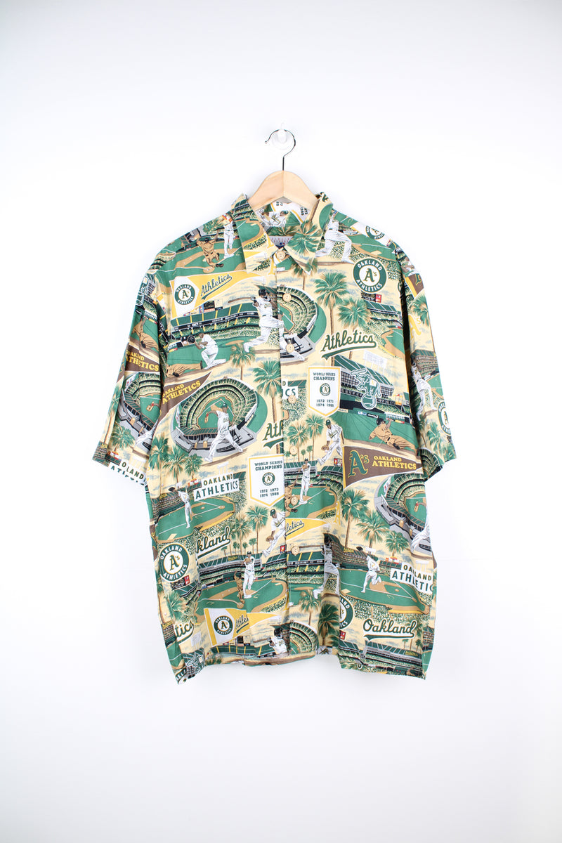 90s green Oakland Athletics A's MLB Hawaiian Shirt with all over print. Made by Reyn Spooner. good condition  Size in Label:  Mens XL