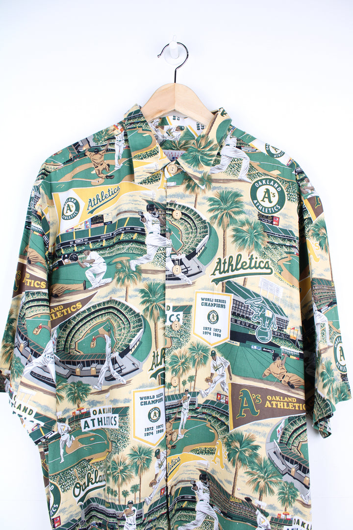 90s green Oakland Athletics A's MLB Hawaiian Shirt with all over print. Made by Reyn Spooner. good condition  Size in Label:  Mens XL