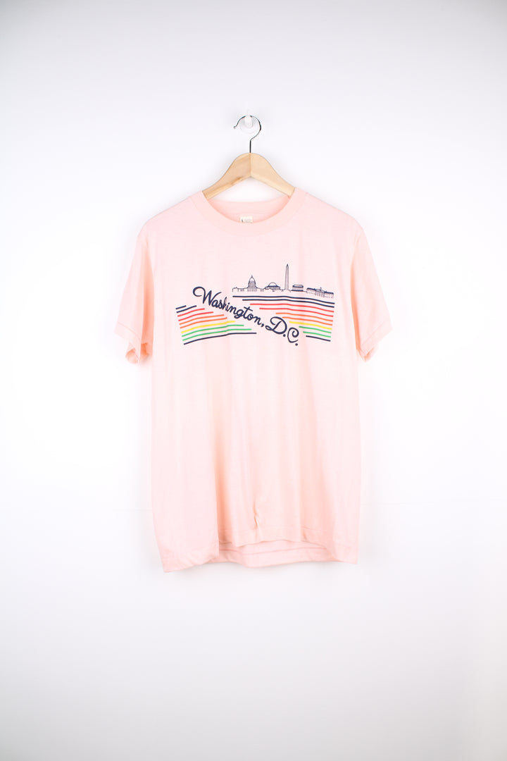 Vintage Washington DC, Single Stitch Graphic T-Shirt in a pink colourway, screen stars label, and has rainbow / city design across the front.