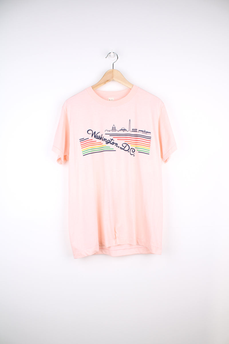 Vintage Washington DC, Single Stitch Graphic T-Shirt in a pink colourway, screen stars label, and has rainbow / city design across the front.