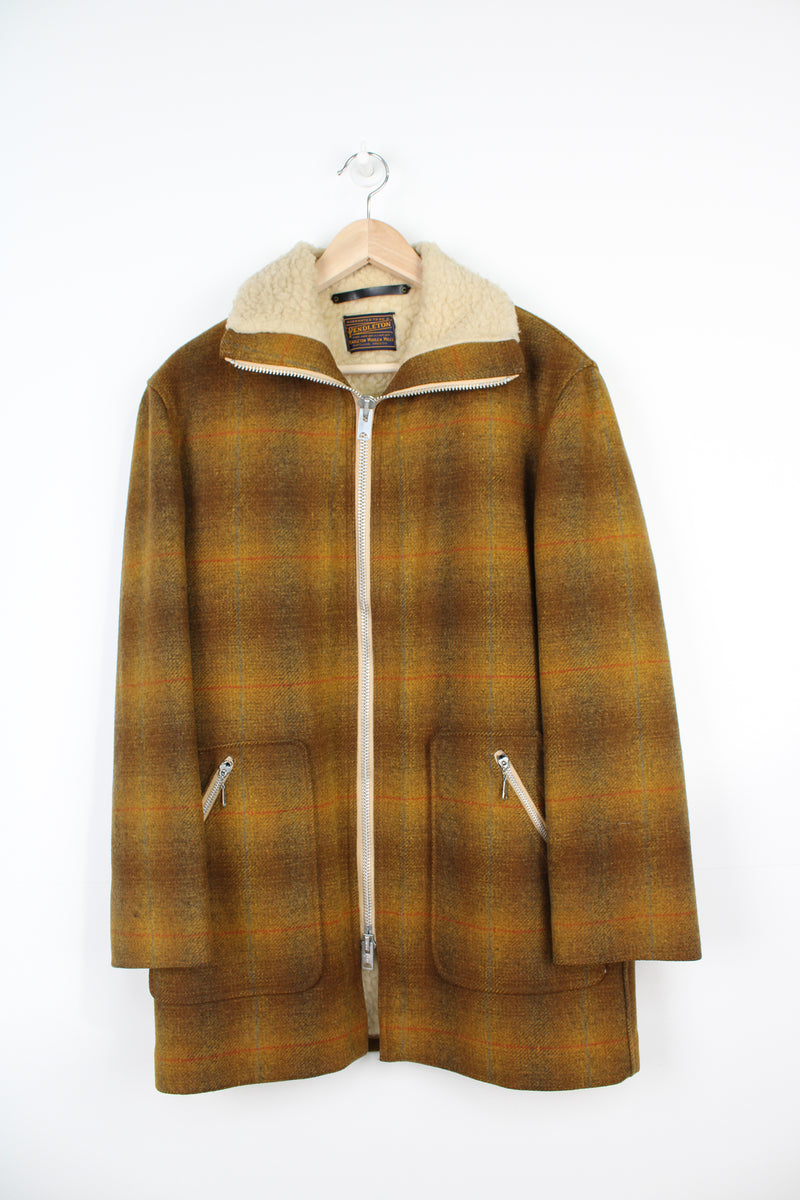 Vintage 1960's mustard yellow plaid wool zip through CPO jacket with chunky pockets and fleece lining