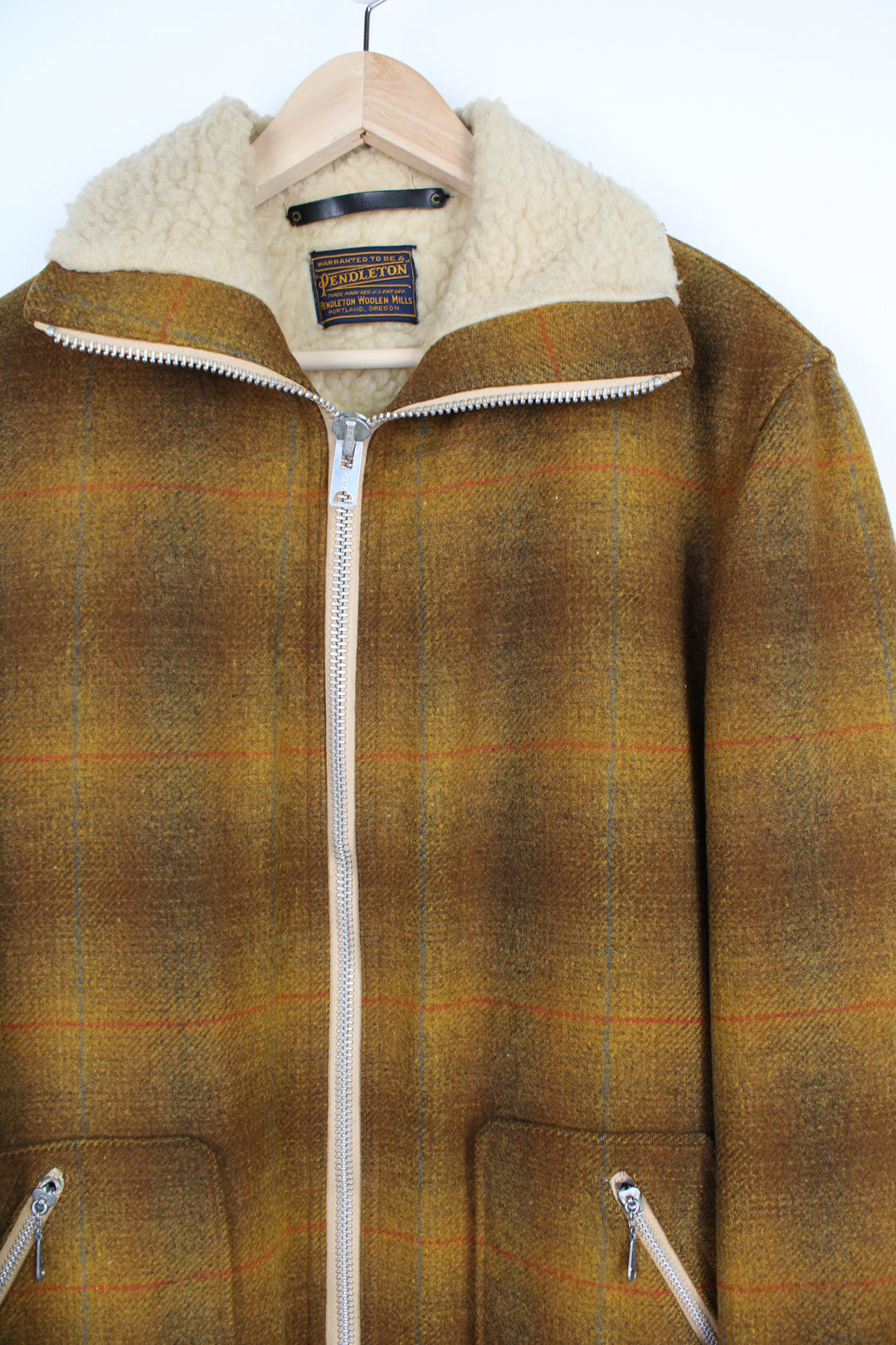 Vintage 1960's mustard yellow plaid wool zip through CPO jacket with chunky pockets and fleece lining