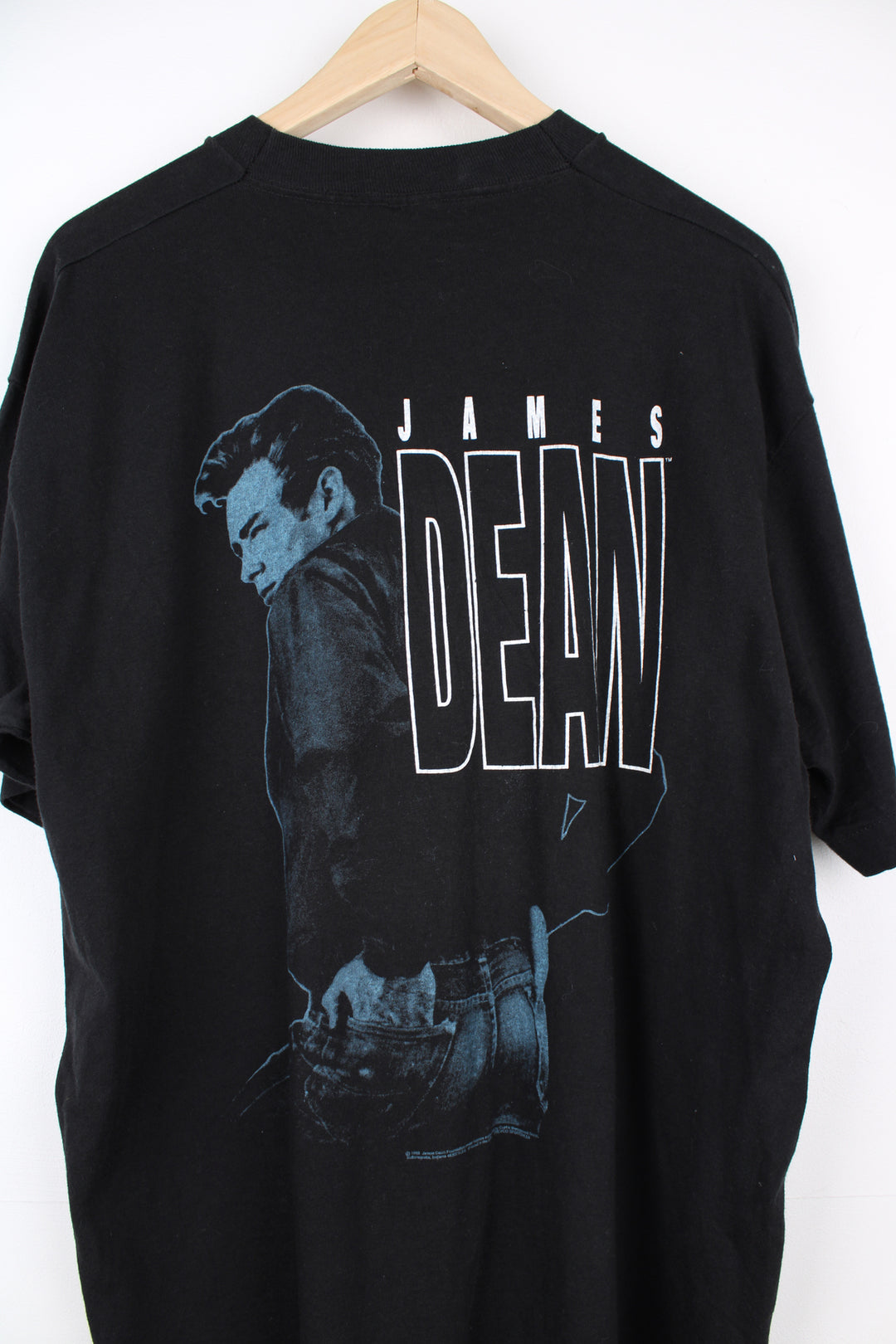 Vintage 90's James Deen T-Shirt in a black colourway with his name spell out on the chest and big graphic design printed on the back, fruit of the loom label and is single stitch.