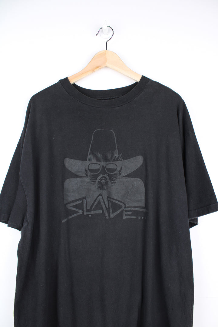 Vintage Slade T-shirt in a black colourway with grey cowboy style design printed on the front, Hanes beefy label and is single stitch.