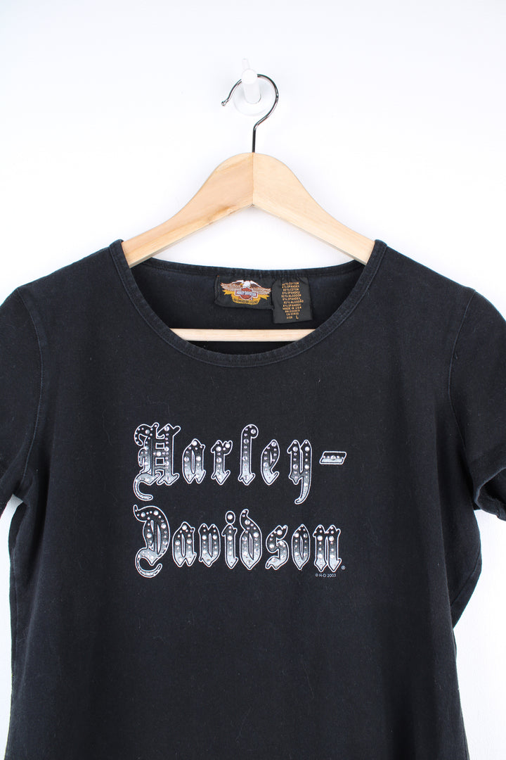 Vintage Y2K Harley Davidson t-shirt with printed logo on the front and diamante embellishment. good condition Size in Label: Womens L