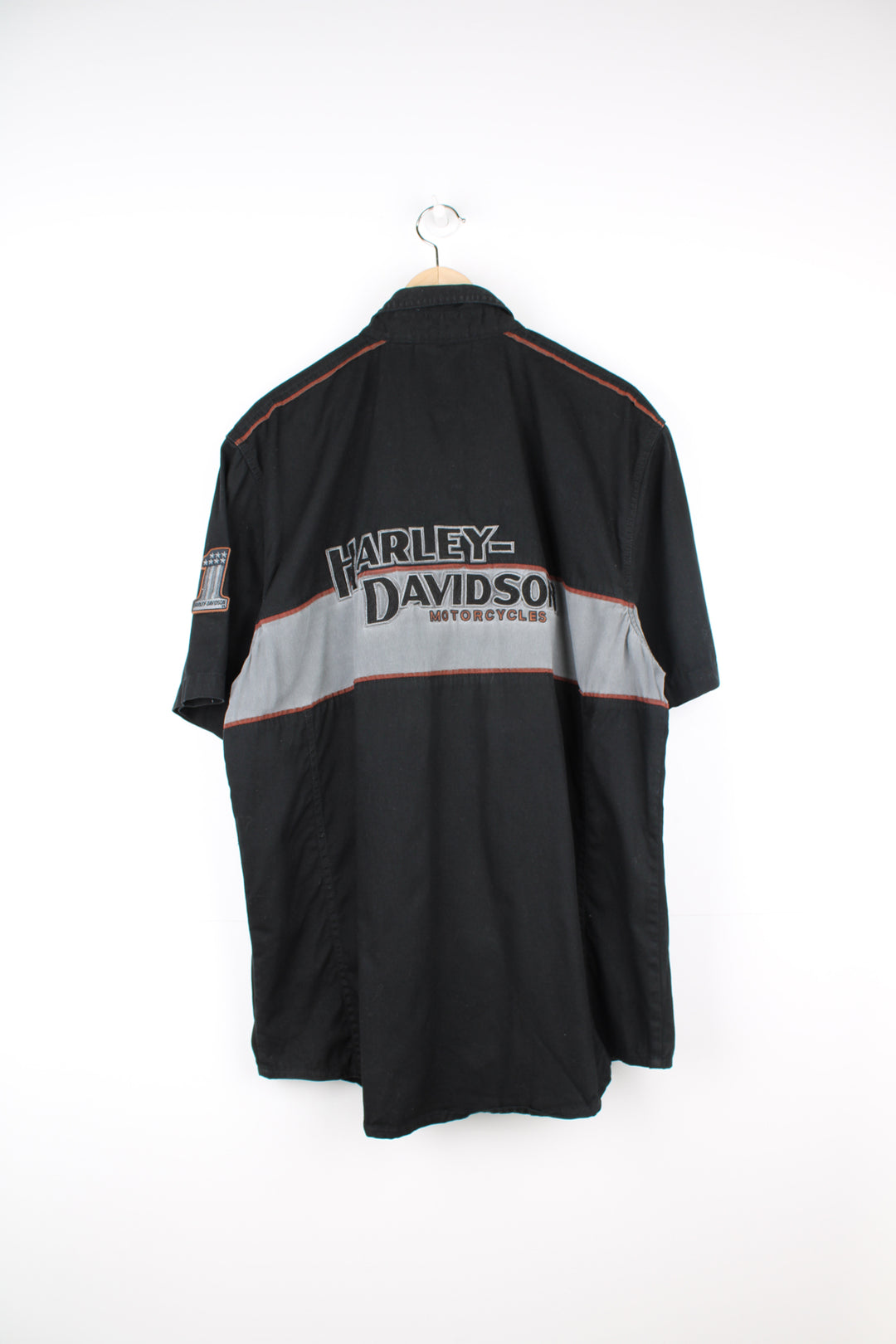 Harley-Davidson black button up shirt with grey horizontal stripe across the chest and embroidered logo's on the front and back good condition  Size in Label:  XL