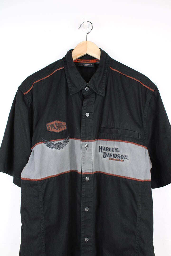 Harley-Davidson black button up shirt with grey horizontal stripe across the chest and embroidered logo's on the front and back good condition  Size in Label:  XL