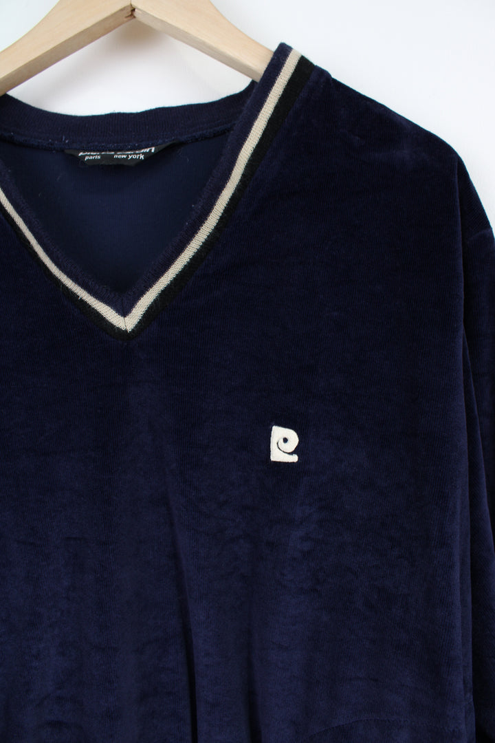 Vintage Pierre Cardin navy blue velour sweatshirt with embroidered logo on the chest