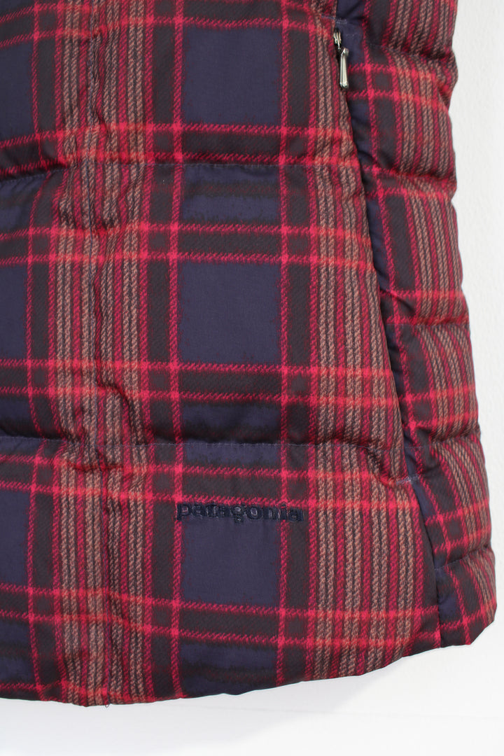 Patagonia red tartan zip through puffer gilet with zip up pockets and embroidered logo on the hem