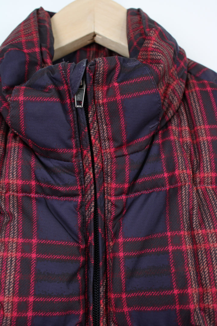 Patagonia red tartan zip through puffer gilet with zip up pockets and embroidered logo on the hem