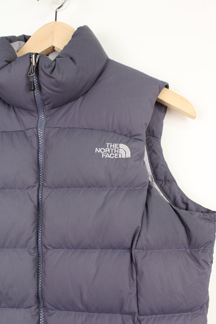 The North Face 700 purple zip through gilet with embroidered logos on the front and back