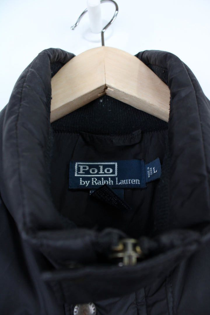 Vintage Ralph Lauren Polo black puffer style gilet with multiple pockets and branded popper buttons