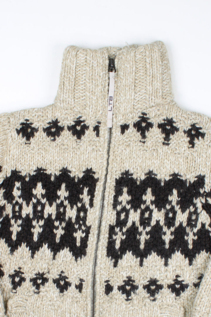 00's remake of a Cowichan style knit cardigan with Fair Isle design. Made by the brand LBT (little Big) from 100% wool and closes with a full zip.  good condition  Size in Label:  Size L - Measures more like a Size Small