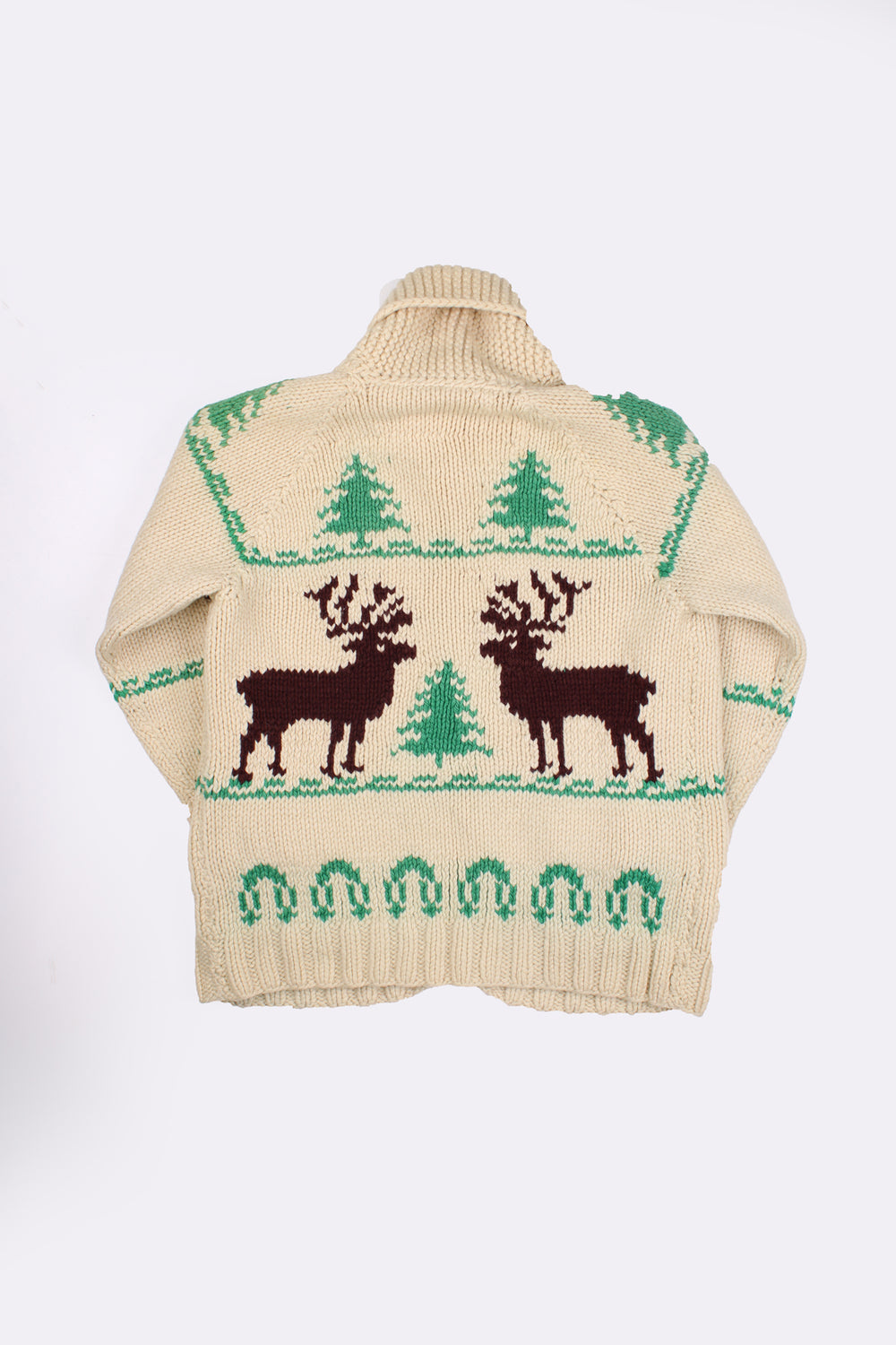 Vintage Cowichan cream knitted cardigan with Mary Maxim style Moose motif on the front and back