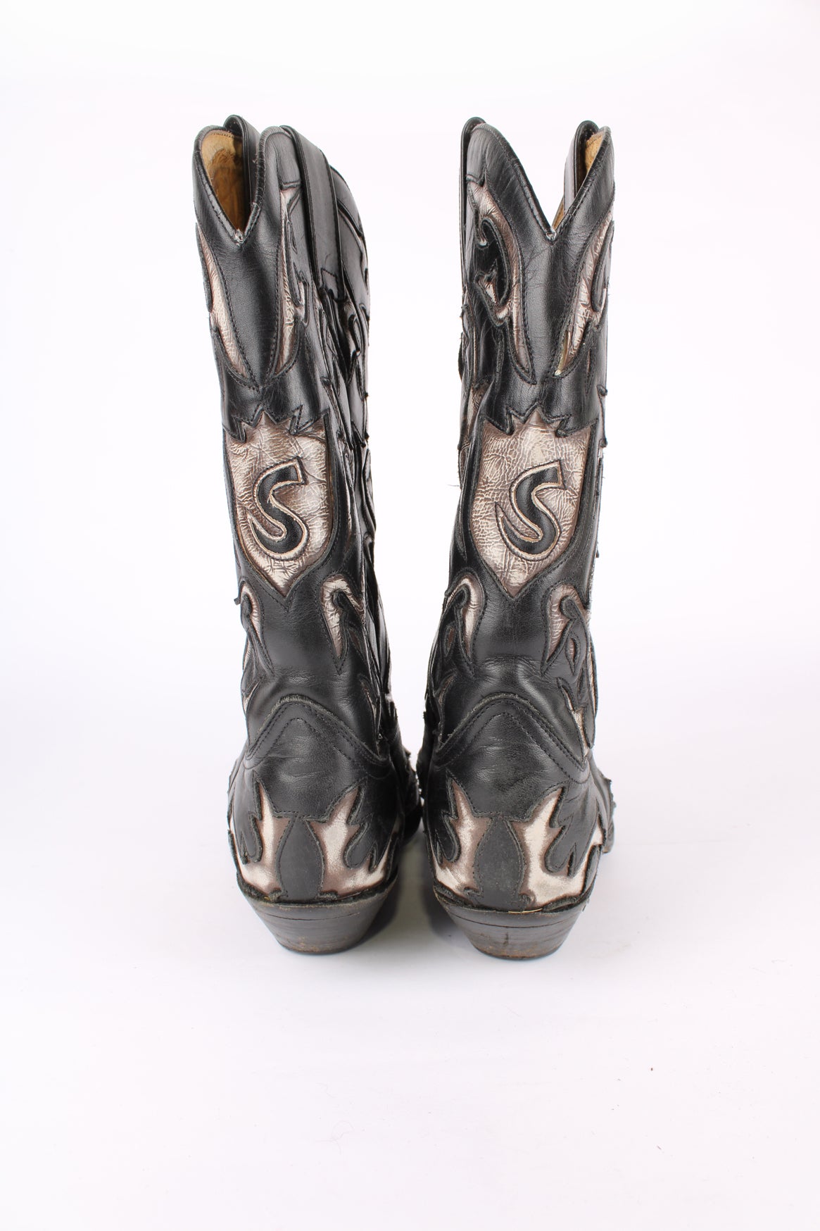 Vintage real leather black and grey cowboy boots features western cut out embroidery on the uppers