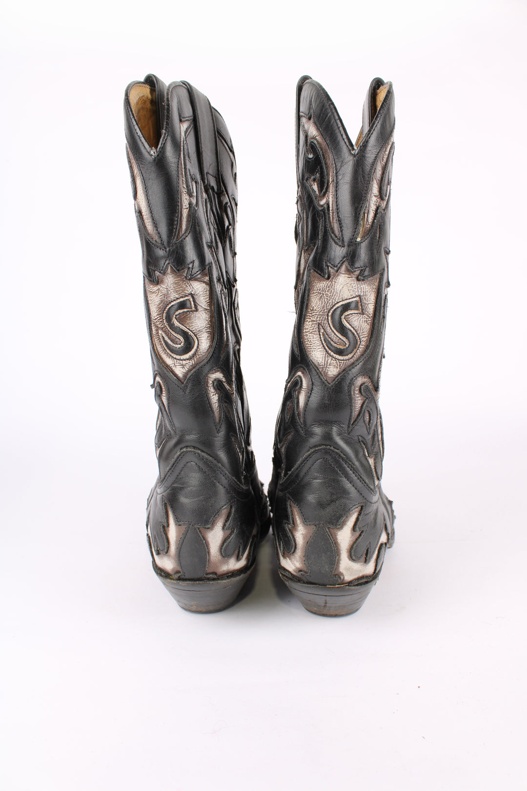 Vintage real leather black and grey cowboy boots features western cut out embroidery on the uppers