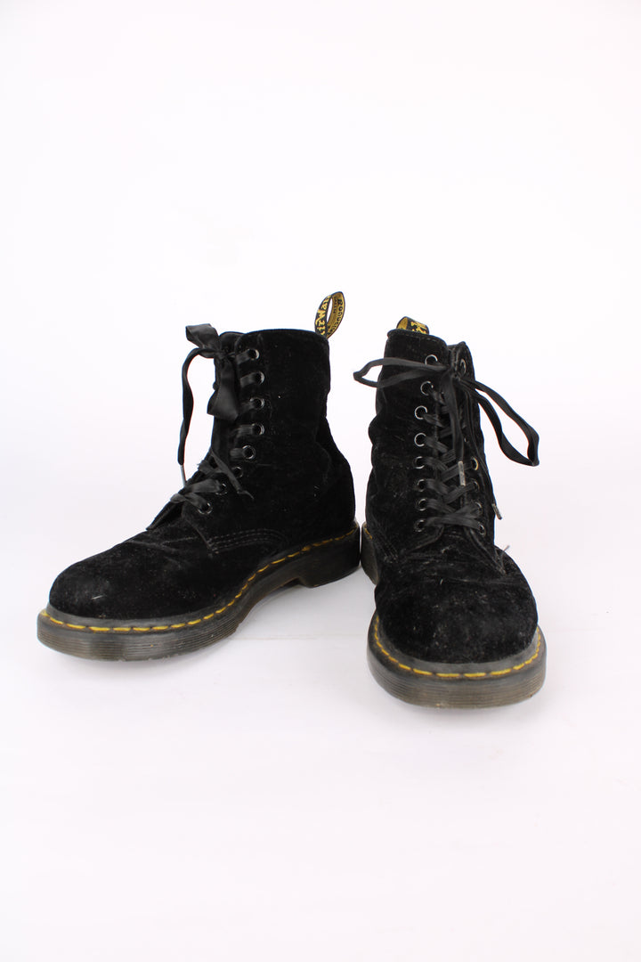 Dr Martens 1460 Pascal black soft velvet lace up boots, features signature yellow welt 