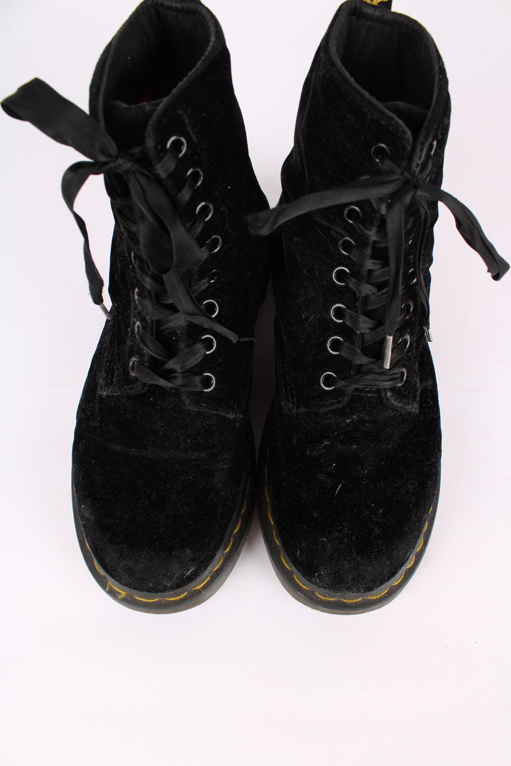 Dr Martens 1460 Pascal black soft velvet lace up boots, features signature yellow welt 