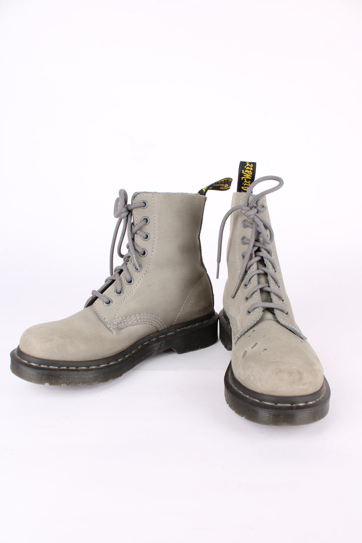 Dr Martens 1460 Pascal soft grey suede lace up boots, features matching grey welt