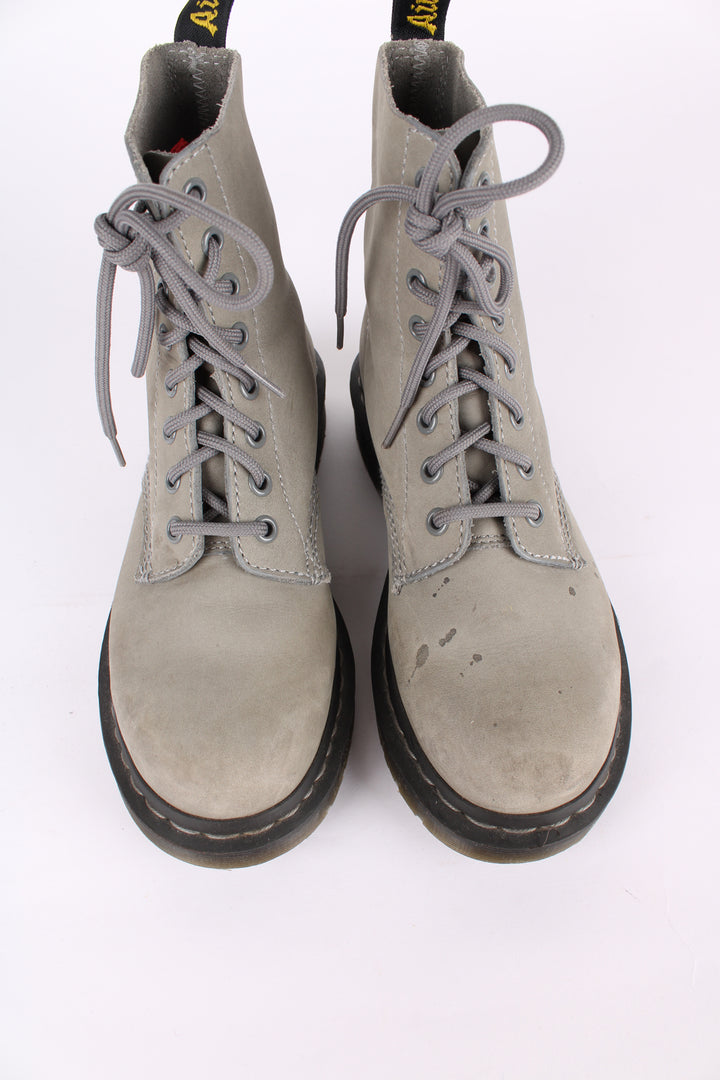 Dr Martens 1460 Pascal soft grey suede lace up boots, features matching grey welt 