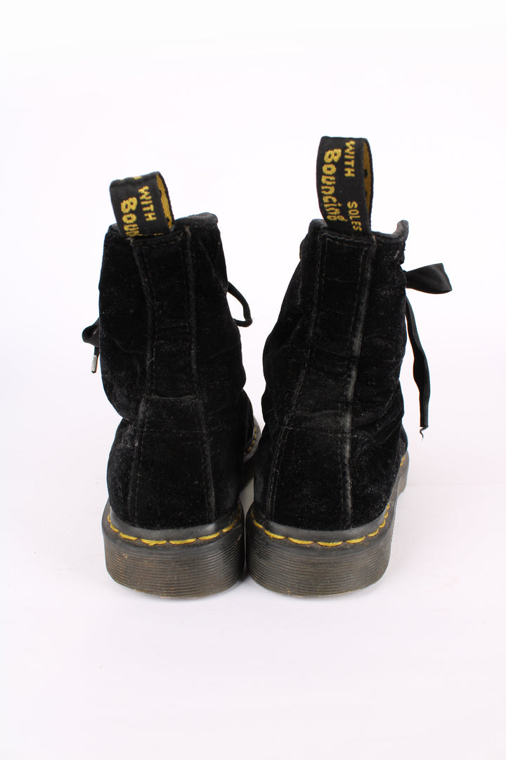 Dr Martens 1460 Pascal black soft velvet lace up boots, features signature yellow welt 