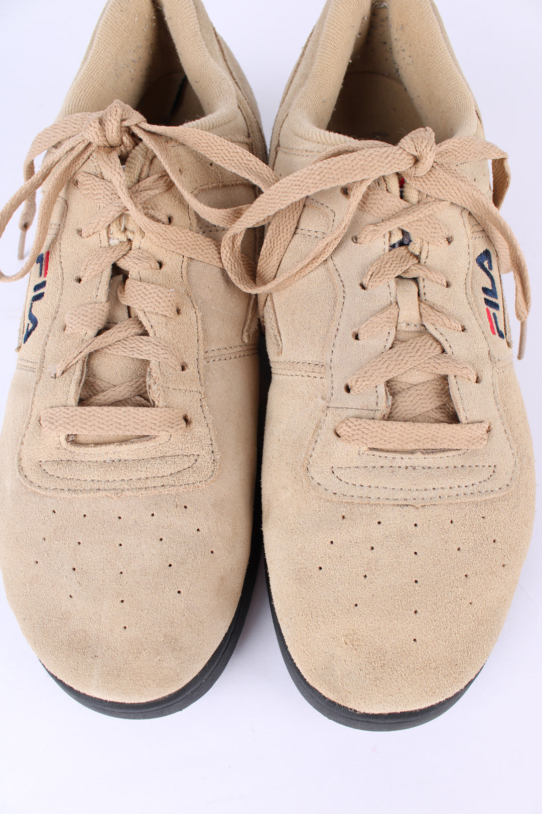 Fila tan suede trainers, features embroidered logo's on the tongue, heel and side.