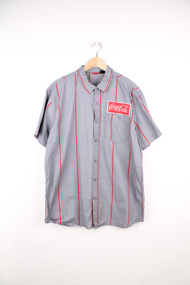 90's Coke baseball style short sleeve shirt. Grey and black pinstripe shirt with embroidered Coke  good condition - small marks throughout (see photos) Size in Label:  Mens XL - Measures more like a L