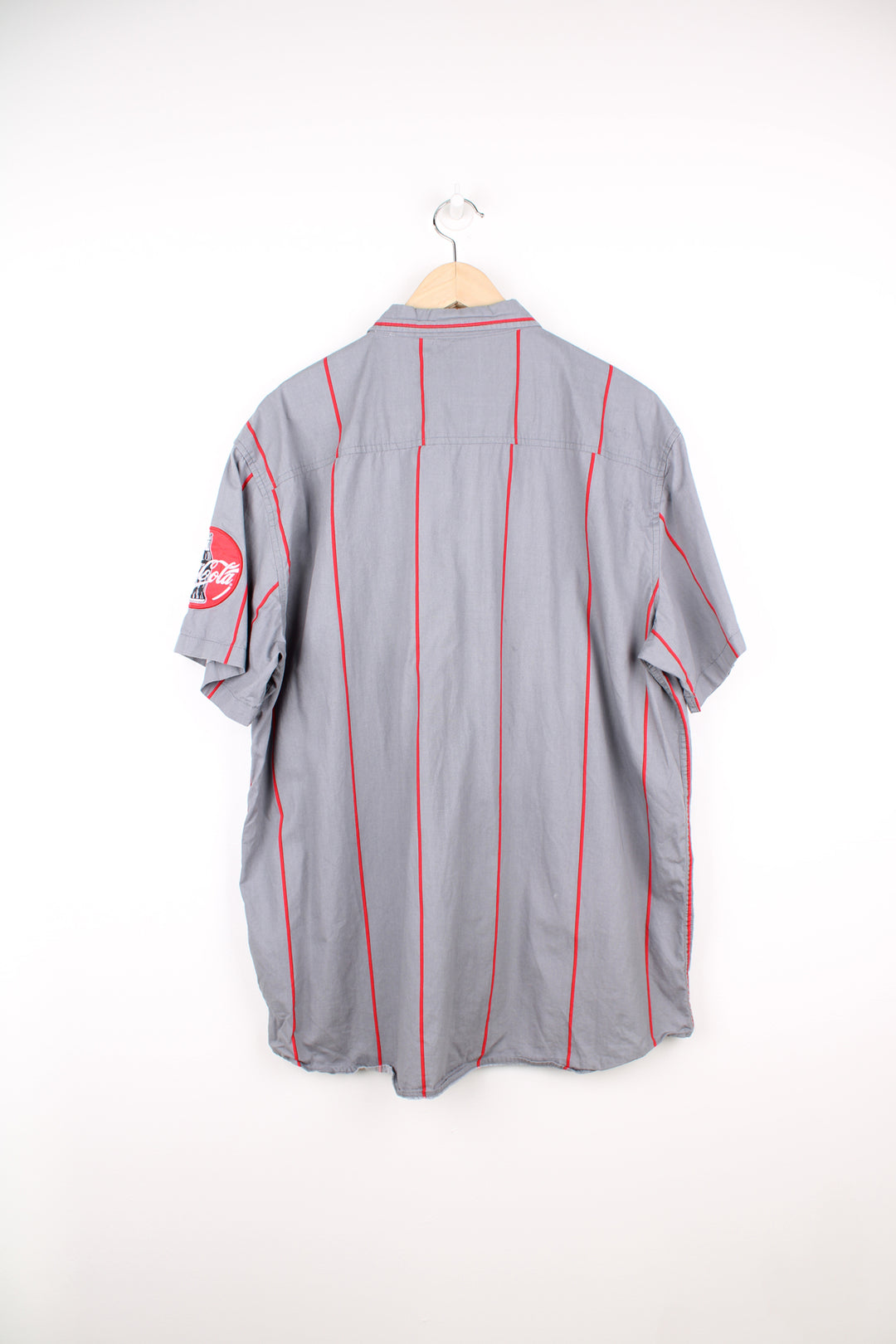 90's Coke baseball style short sleeve shirt. Grey and black pinstripe shirt with embroidered Coke  good condition - small marks throughout (see photos) Size in Label:  Mens XL - Measures more like a L