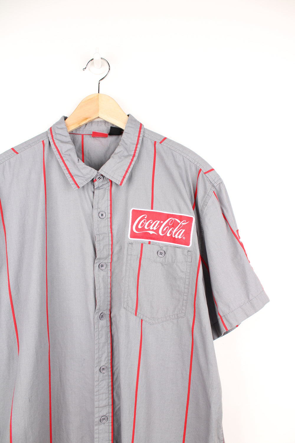 90's Coke baseball style short sleeve shirt. Grey and black pinstripe shirt with embroidered Coke  good condition - small marks throughout (see photos) Size in Label:  Mens XL - Measures more like a L