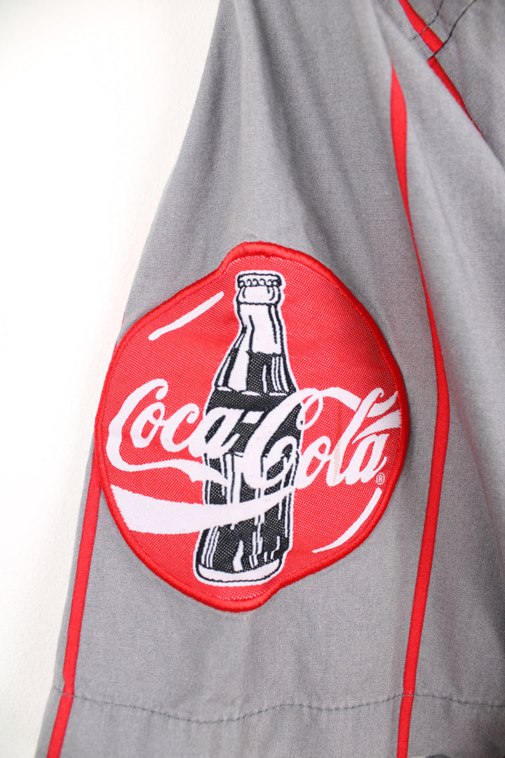 90's Coke baseball style short sleeve shirt. Grey and black pinstripe shirt with embroidered Coke  good condition - small marks throughout (see photos) Size in Label:  Mens XL - Measures more like a L