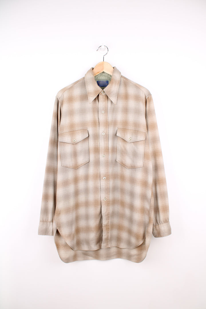 70's Pendleton "Field" check/ plaid button up shirt in cream and beige colourway. Made from 100% wool. good condition - small dried glue mark near the pocket (see photos) Size in Label:  16 - Measures like a mens L