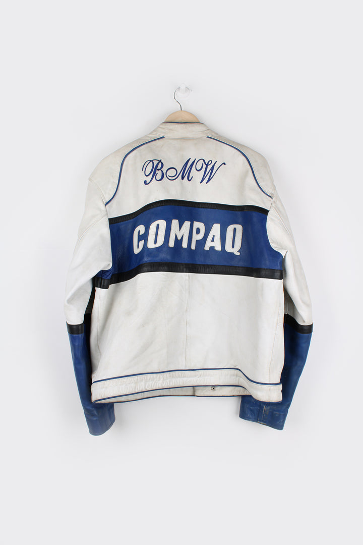 Vintage 90's BMW Compaq leather racer jacket with sponsor logos detail on the front and back.  good condition - white parts of the leather are significantly discolored and the blue parts on the arms have some scuffs (see photos)  Size in Label: Mens S 