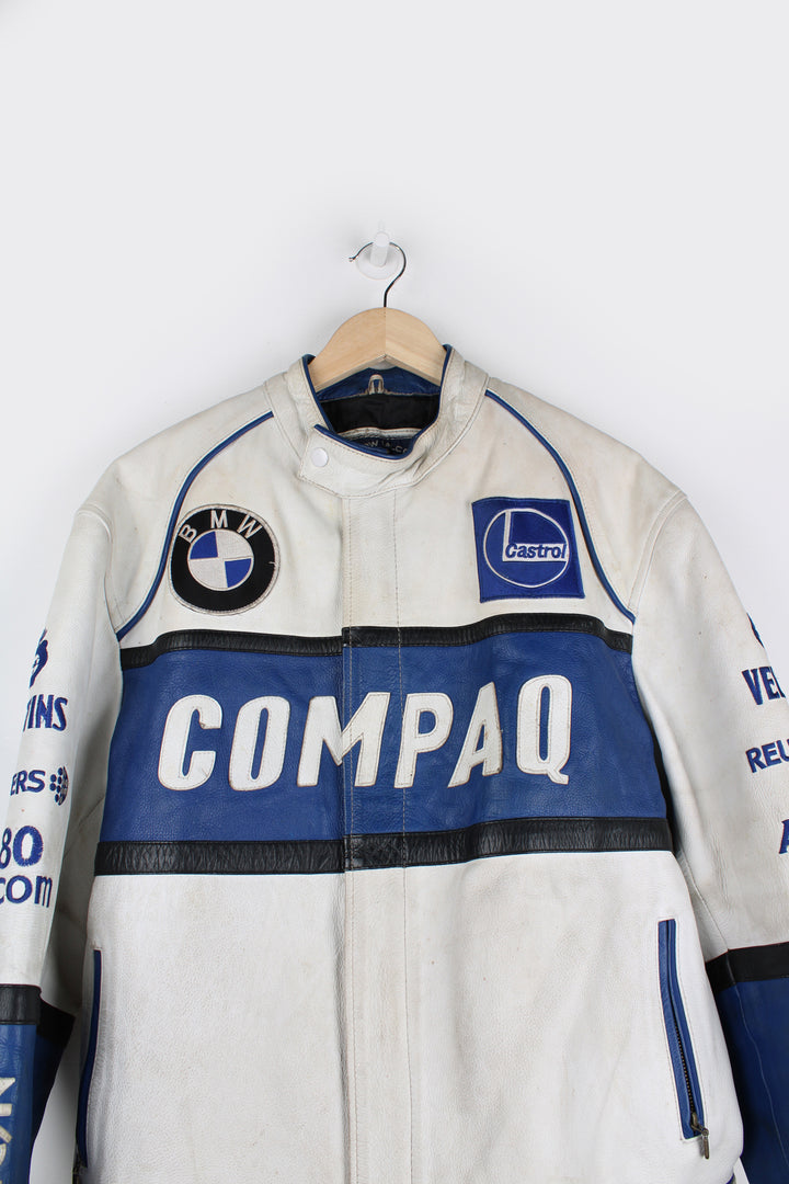 Vintage 90's BMW Compaq leather racer jacket with sponsor logos detail on the front and back.  good condition - white parts of the leather are significantly discolored and the blue parts on the arms have some scuffs (see photos)  Size in Label: Mens S 