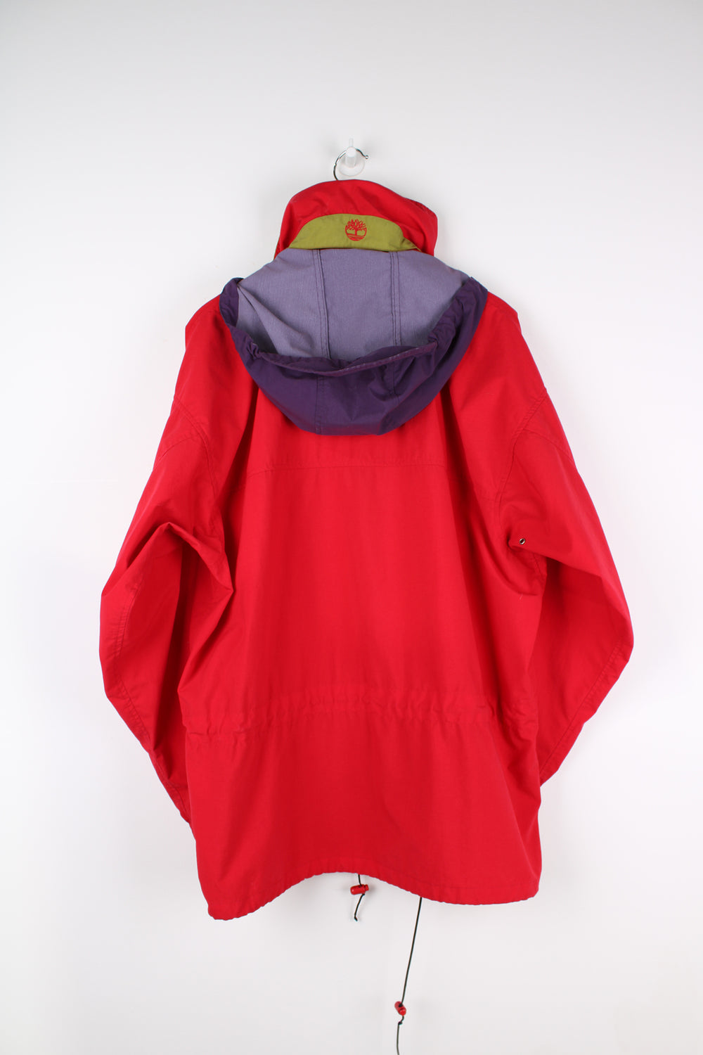 Vintage Timberland Weathergear jacket in a red colourway, zip up, side pockets, hooded and has embroidered logo on the front.