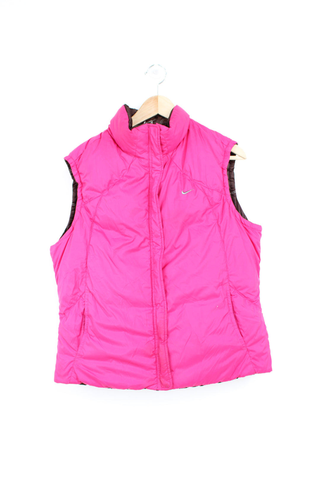 00's Nike pink and brown reversible puffer gilet with embroidered logo on the chest 