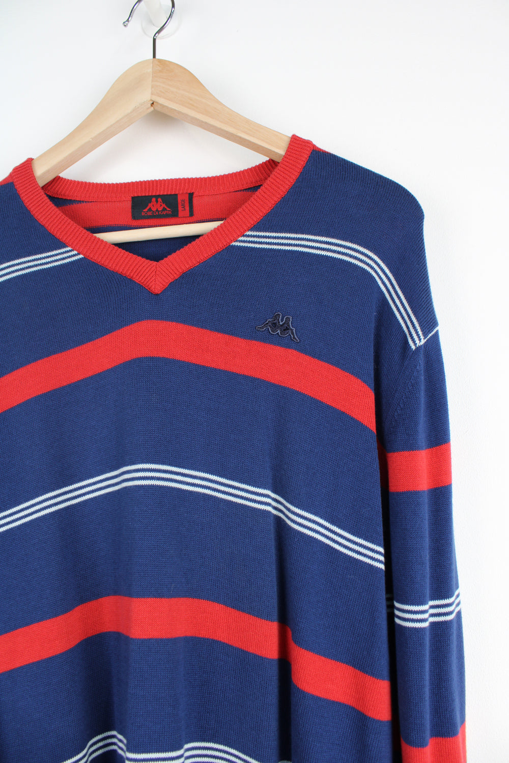 Vintage Kappa jumper. 1980's/90's blue and red striped knit jumper with v neck and embroidered logo on the chest