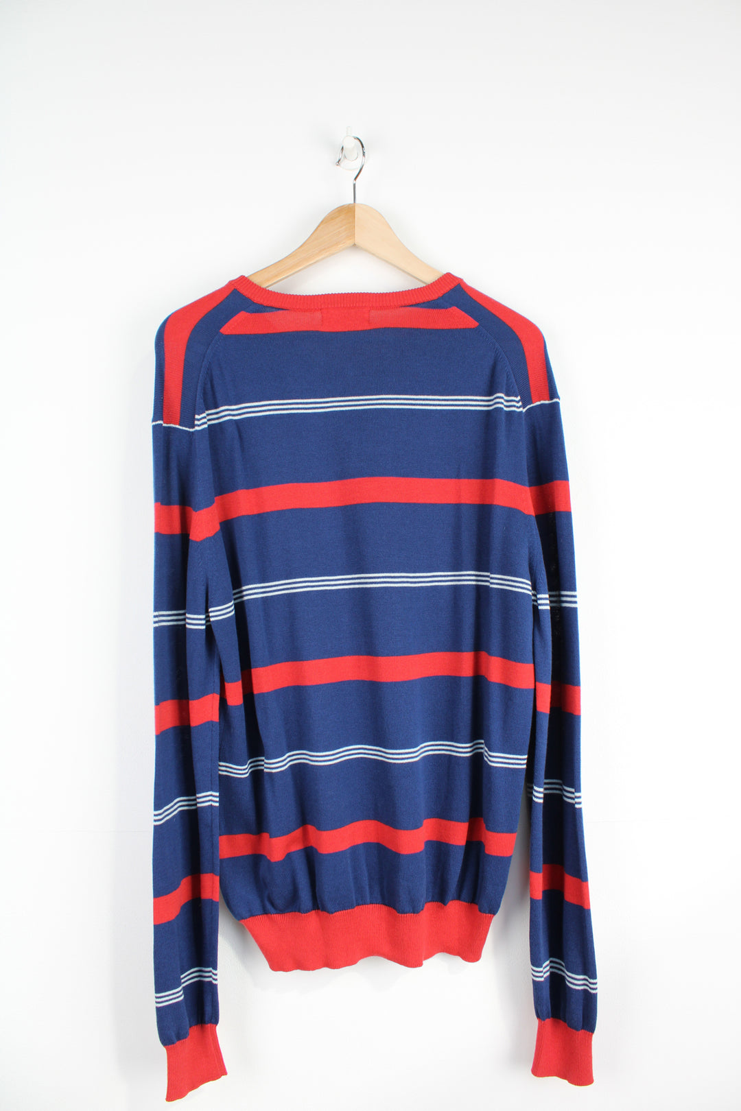 Vintage Kappa jumper. 1980's/90's blue and red striped knit jumper with v neck and embroidered logo on the chest