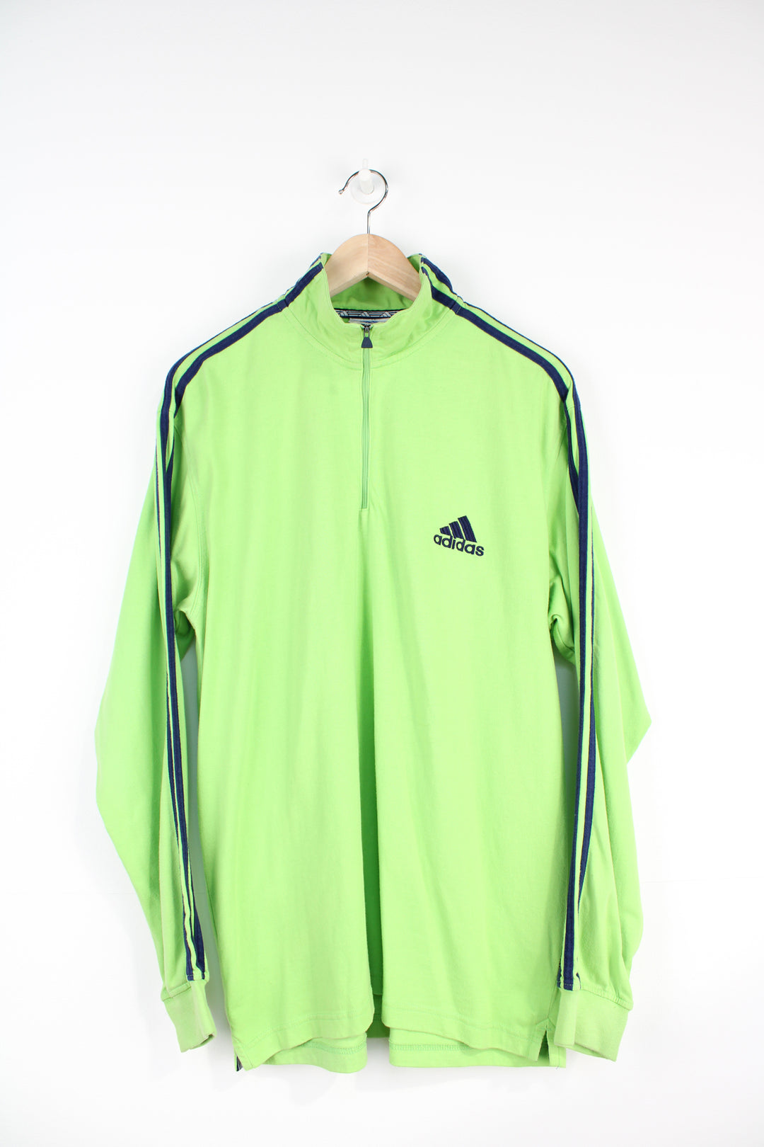 90's neon green Adidas 1/4 zip cotton sweatshirt with embroidered logo on the front