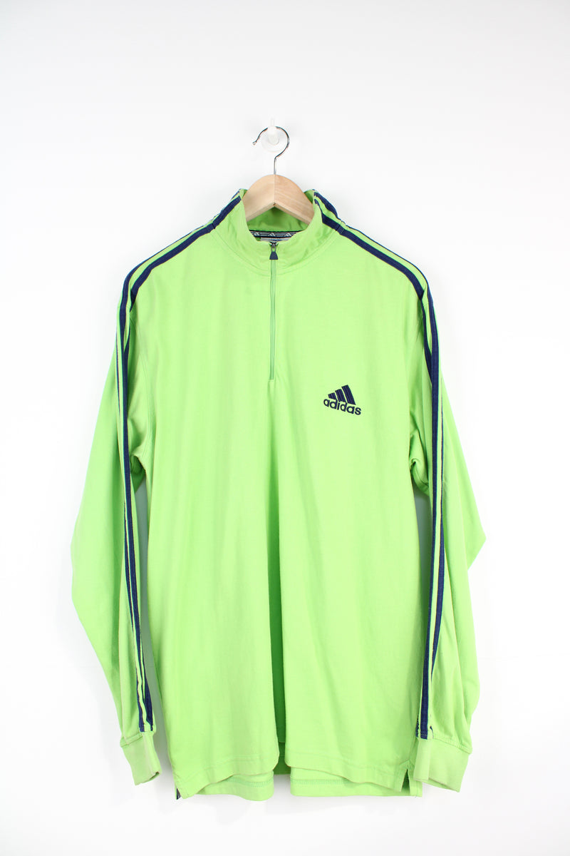 90's neon green Adidas 1/4 zip cotton sweatshirt with embroidered logo on the front