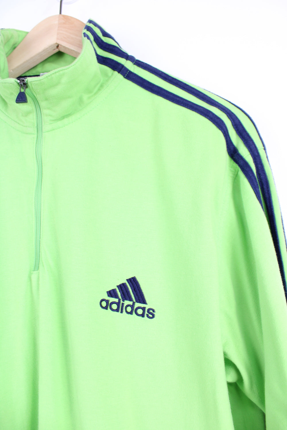 90's neon green Adidas 1/4 zip cotton sweatshirt with embroidered logo on the front