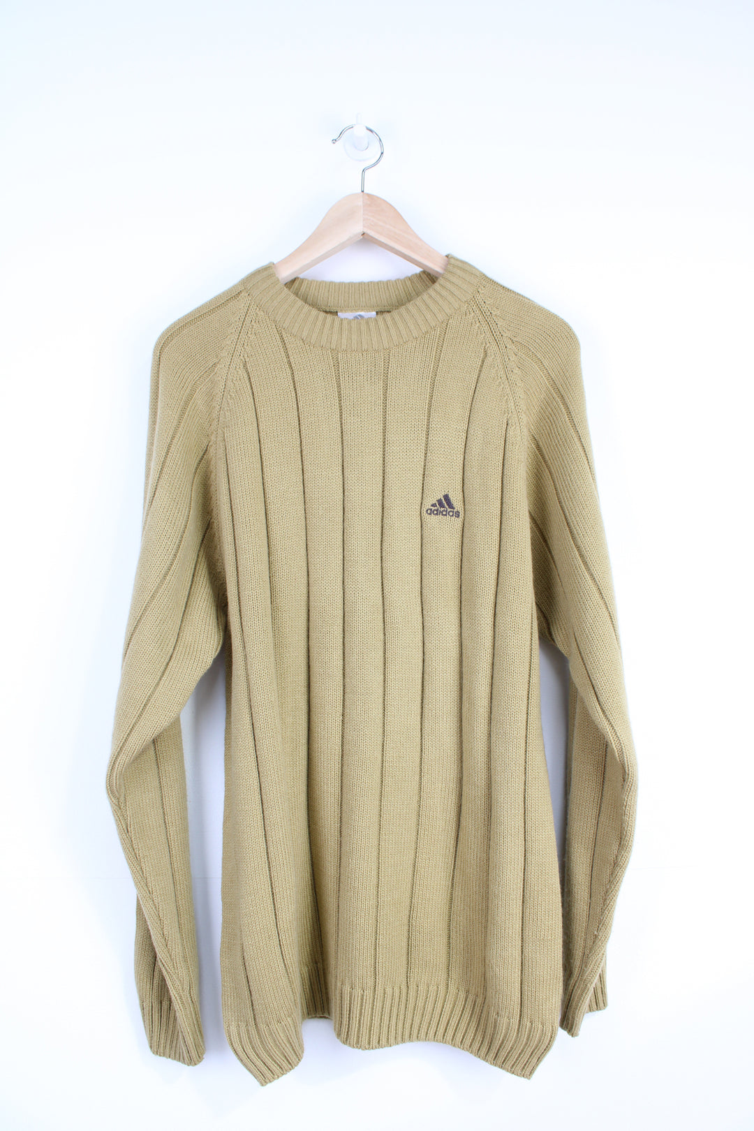 Vintage 90s khaki green crew neck knit jumper with embroidered logo on the chest and back