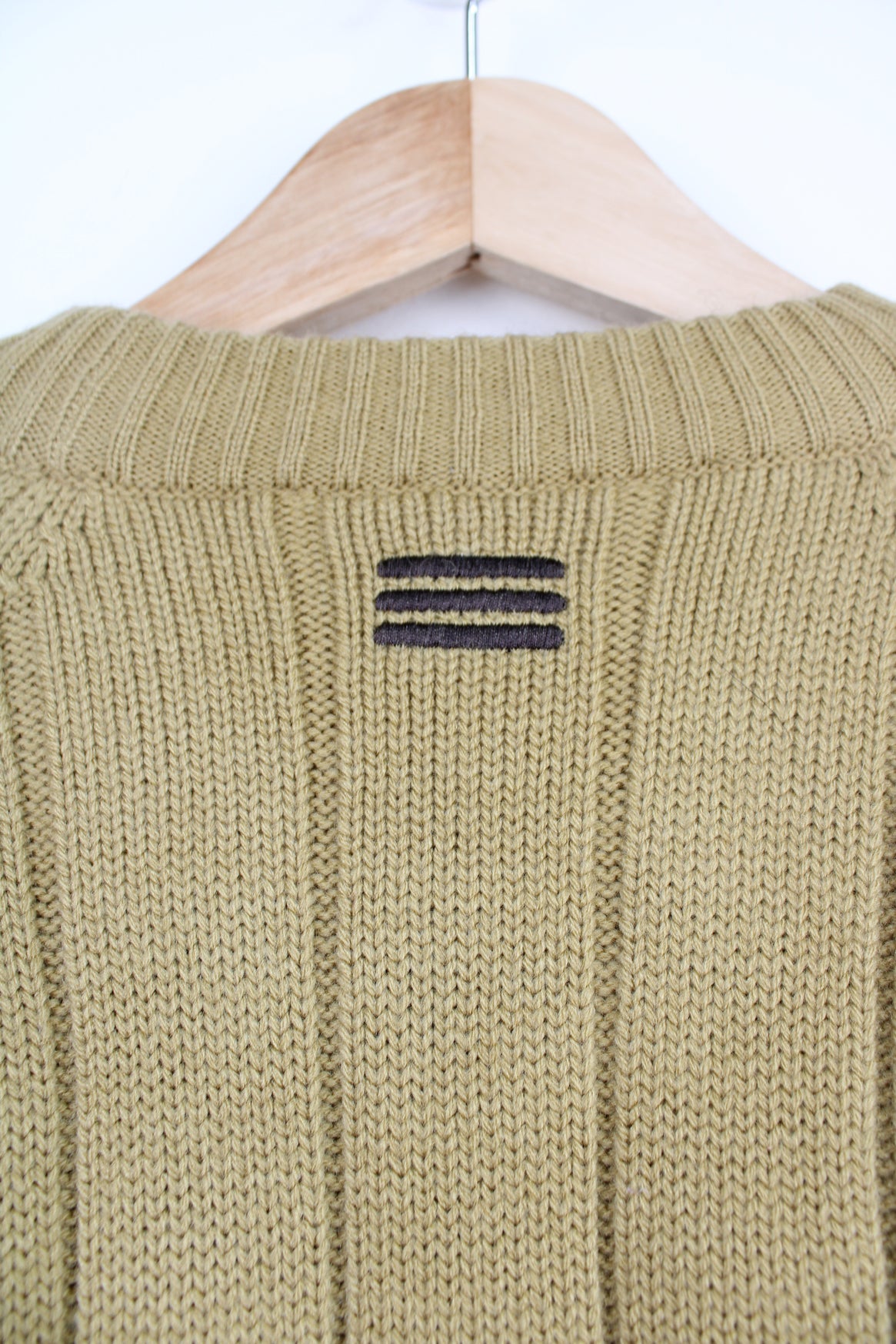 Vintage 90s khaki green crew neck knit jumper with embroidered logo on the chest and back