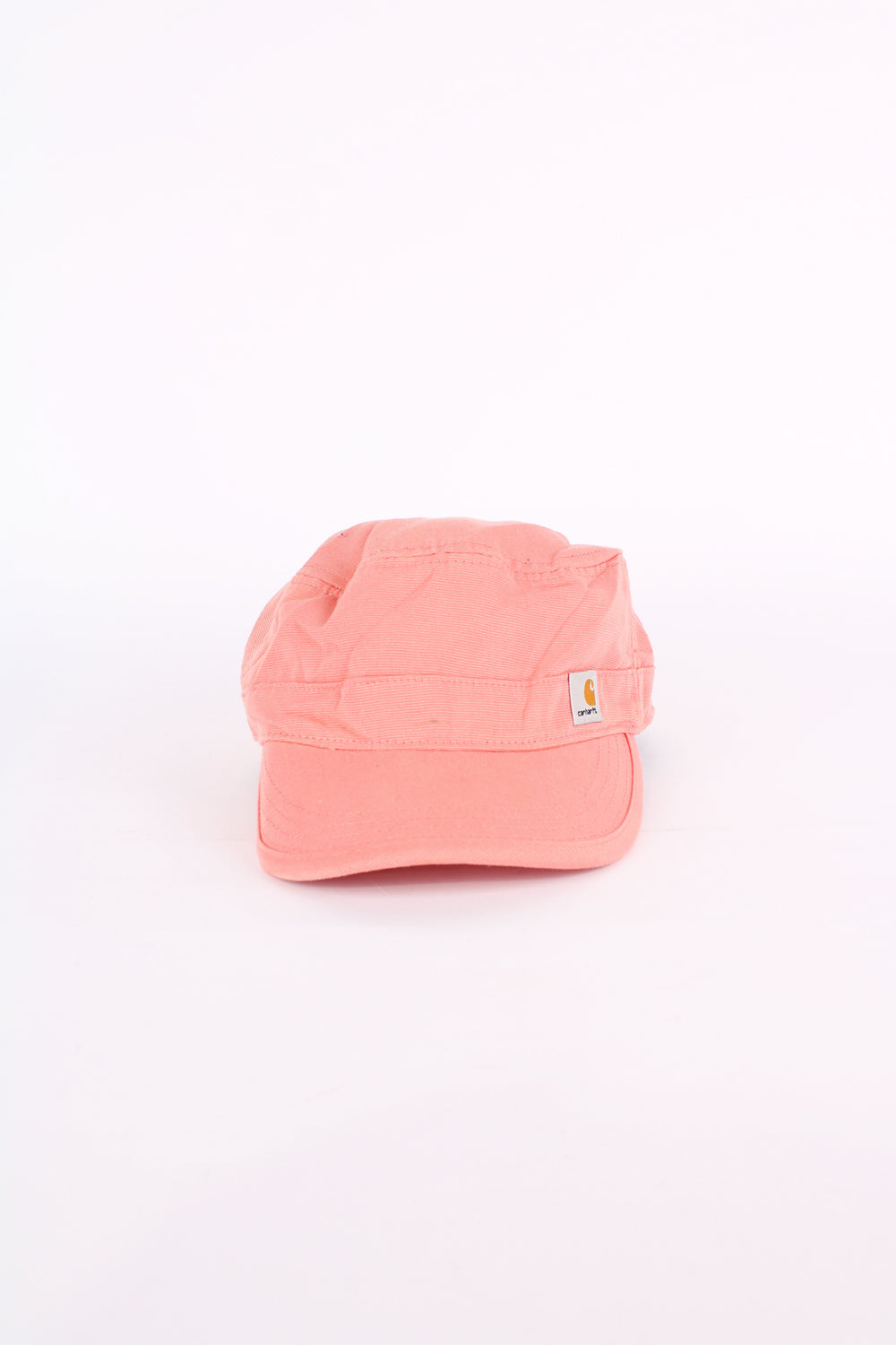 Carhartt pink baker boy style cap with patch logo on the front. Has an adjustable strap at the back.